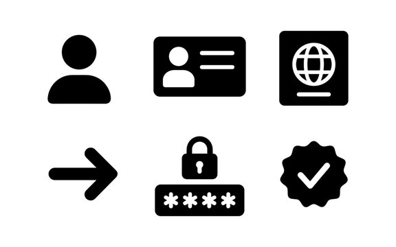 User authentication icons: profile, id, passport, login, lock, verification