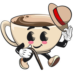 cute coffee cup mascot walk with a stick and saluting with raised hat, cartoon coffee mug vector illustration, work of hand drawn