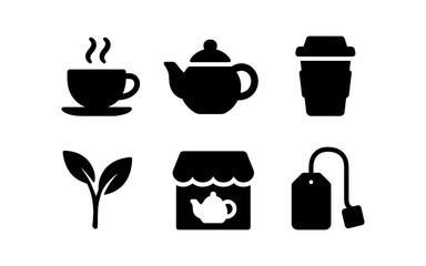 Tea and coffee icons: silhouette collection of cups, teapot, and tags