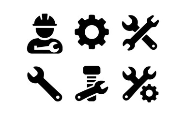 Fototapeta premium Industrial tools set with gear and worker icon silhouettes