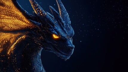 Close-up of a mythical dragon, dark blue scales, golden highlights, glowing eyes, dark background