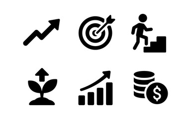 Business growth icons set featuring goals, investment, and success concepts in bold silhouette style