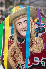 Parade participant wearing a mask during a Latin American event