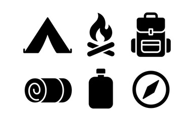 Minimalist camping icons set featuring tent, campfire, backpack, and more
