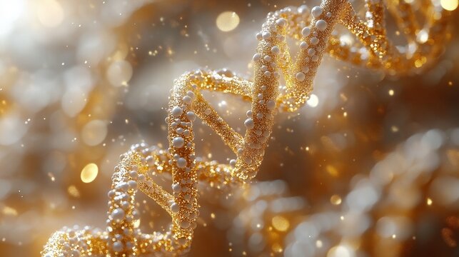 A vibrant image of a golden DNA strand adorned with luminous white spheres, enveloped by sparkling lights and a dreamy bokeh effect, creating a sense of scientific wonder and beauty.