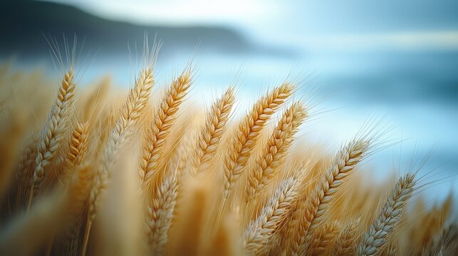 Close-up shot of golden wheat ears silhouetted against a serene blue sky with gentle waves, conveying tranquility and the beauty of nature.