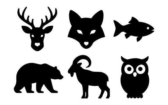 Wildlife silhouette collection: deer, wolf, fish, bear, goat, owl
