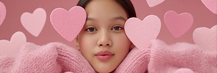 A woman is holding two pink hearts in her hands and looking at the camera