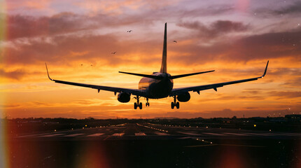 Silhouette airliner landing at sunset with glowing runway and dramatic sky.