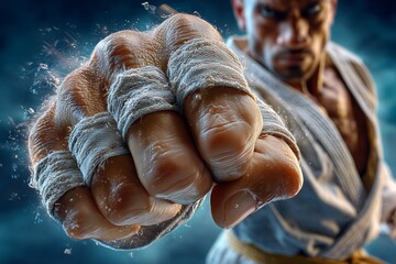 A boxer wrapped fist punches forward, surrounded by flying sweat, embodying strength, focus, and athletic intensity. The image conveys power, determination, and dramatic energy.