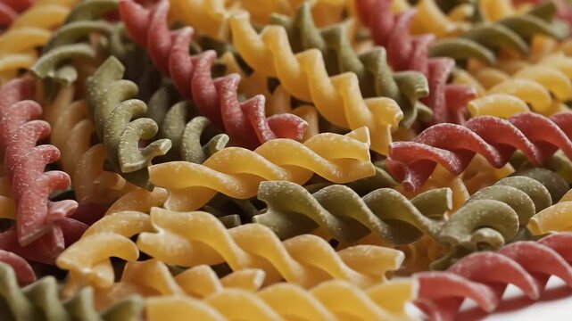 Close up of colorful fusilli pasta spirals in a pile.