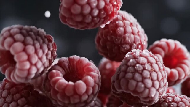 Close up of frozen raspberries falling down in slow motion.