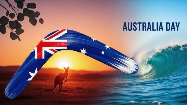 Australian boomerang with flag colors over sunset landscape and ocean wave, celebrating Australia Day with national symbols and a majestic kangaroo.