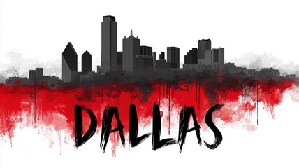 Dallas skyline is boldly rendered in red and black, celebrating urban identity, energy, and striking artistic flair. The image captures culture, intensity, and dramatic contrast.