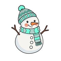 Black and white line art coloring page of a cute snowman