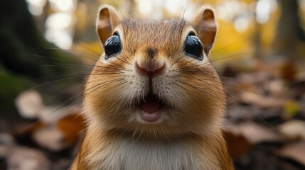 Obraz premium Detailed close-up shot of a squirrel's face, capturing its expression with open mouth, prominent teeth, and focused eyes. Perfect for wildlife, nature, or animal photography.