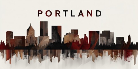 Portland cityscape is artistically reflected in water, blending urban architecture with bold typography and vibrant colors. The image captures city pride, creativity, and modern design.
