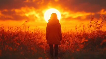 A lone figure stands in a field, silhouetted against a vibrant sunset. Evokes feelings of peace, solitude, and reflection.