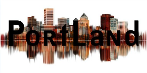 Portland skyline merges with the city name in bold, reflective text. The vibrant buildings and artistic design highlight urban identity and pride.