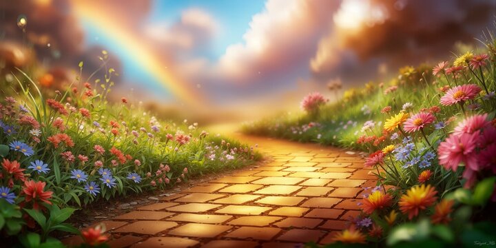 Idyllic brick path winds through flower meadow, rainbow arches overhead, sunny and peaceful