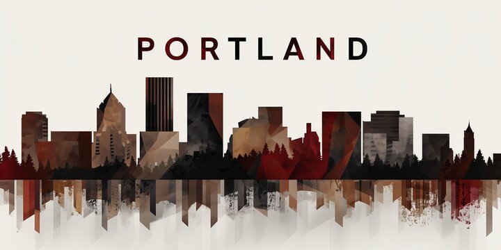 Portland cityscape is artistically reflected in water, blending urban architecture with bold typography and vibrant colors. The image captures city pride, creativity, and modern design.