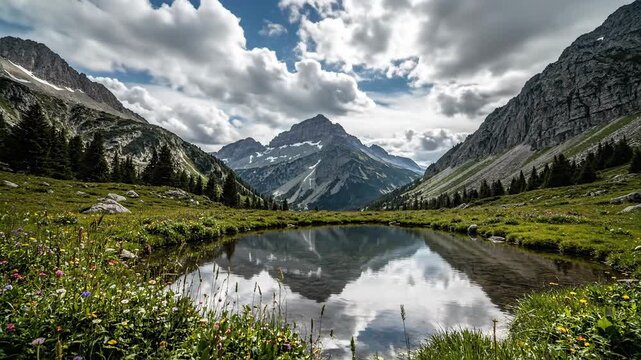 Vivid mountain valley reflection in calm alpine lake surrounded by green grass and dramatic cloudy sky