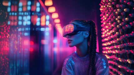 A woman wearing a futuristic VR headset gazes at a dazzling, neon-lit cityscape, highlighting themes of technology, innovation, and urban exploration.