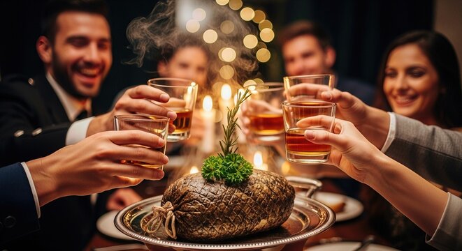 Joyful people celebrate Burns Night, raising amber drinks in glasses, toasting a steaming traditional Scottish haggis at a festive candlelit dinner party, sharing laughter.