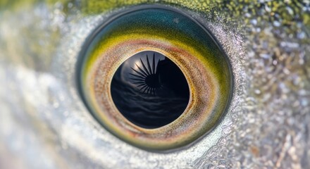 Close-up focuses on the mesmerizing eye of a fish. The eye reflects a dark scene with waves and a hint of light, contrasting with the vibrant iris and surrounding scales.