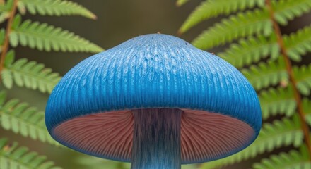 A vivid blue mushroom, contrasting against a lush green fern backdrop. The mushroom's underside reveals delicate pink gills. Captured in natural light