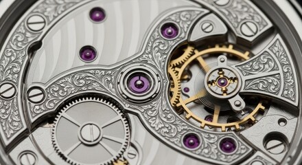 Obraz premium Close-up view reveals intricate mechanical watch components. Gears mesh, showcasing detailed engraving and vibrant jewels. Metallic textures and precision engineering are on full display