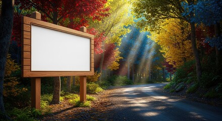A wooden sign stands blank beside a road winding through a vibrant autumn forest. Sunlight streams down, illuminating the path and colorful foliage. The sign contrasts the natural beauty