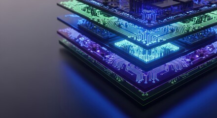 Stacked circuit boards glow in various colors, a digital abstract of technology