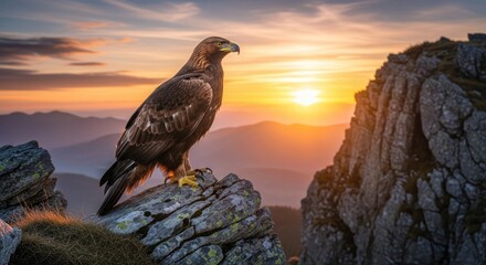 Fototapeta premium Majestic eagle perched on rocky summit watches the sunrise over a mountainous horizon