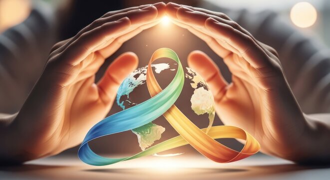 Human hands cradle a globe, encircled by a colorful ribbon, bathed in warm light