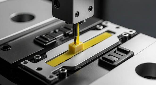 A close-up showcases a precision instrument testing a small, yellow component secured within a metal frame. 