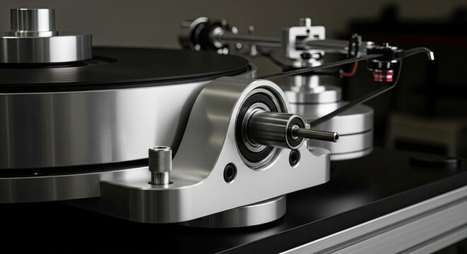 Close-up of a high-fidelity turntable. Silver metallic components are highlighted, including the tonearm, platter, and base. The focus is on precision engineering and audio reproduction