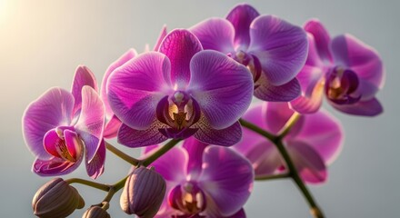 Fototapeta premium Close-up of a vibrant, blooming orchid plant with delicate purple petals and sunlight