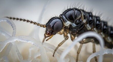 Close-up view of a tiny, segmented arthropod with antennae, black head, and detailed eyes crawling on a white, fibrous surface. Delicate details of the insect are highly visible