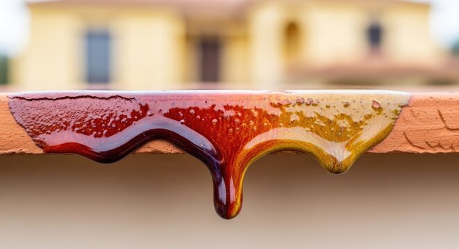 Close-up of a terracotta roof tile edge, showcasing a viscous, dripping substance with color variations from dark red to amber, the background features a blurred building exterior - Powered by Adobe