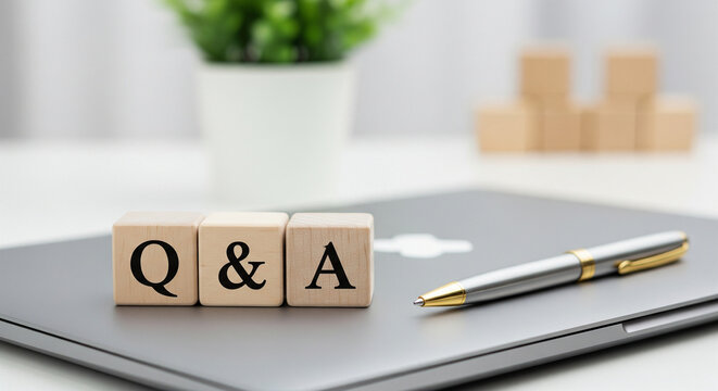 Q&A concept with wooden blocks, pen, and laptop on a white desk