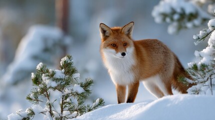 Fototapeta premium A fox is standing in the snow, looking at the camera