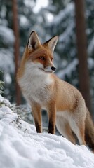 A fox is standing on a snowy hillside