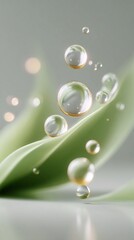 A series of small, clear, and shiny water droplets on a green leaf