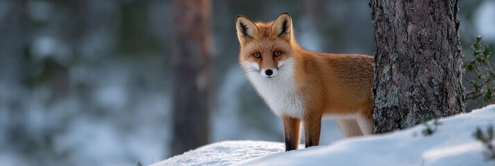 A fox is standing in the snow, looking at the camera