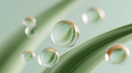 A series of small, clear, and shiny water droplets on a green leaf