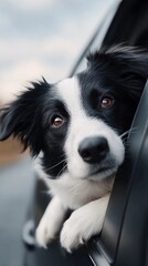 A Border Collie dog is looking out the window of a car
