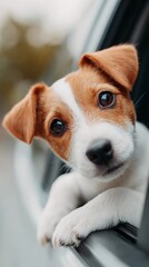 Friendly Jack Russell puppy looking out car window