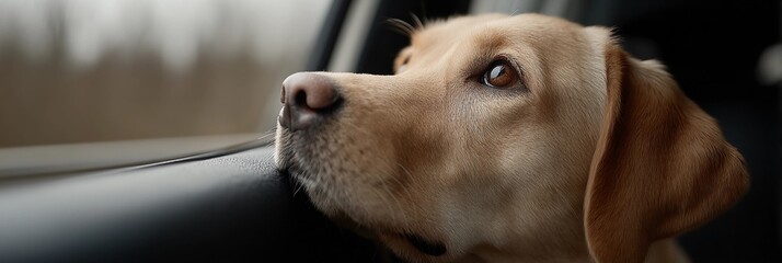 A whrite Labrador dog is looking out the window of a car