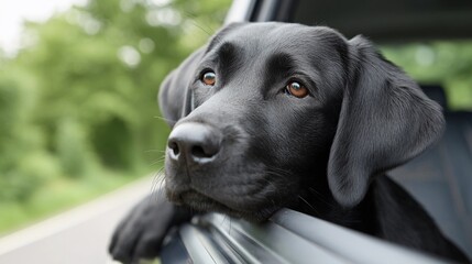 A black Labrador is looking out the window of a car